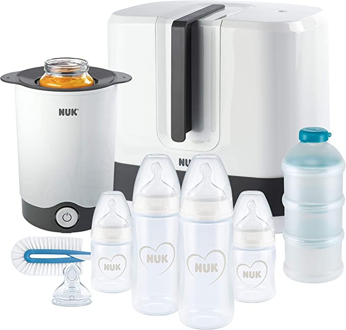 Move the mouse over the image to enlarge the image NUK First Choice+ Full Feeding Set | Vario Express Conditioner, 4 Baby Bottles, 1 Baby Bottle Nipple, Bottle Warmers & More | Heart Shaped