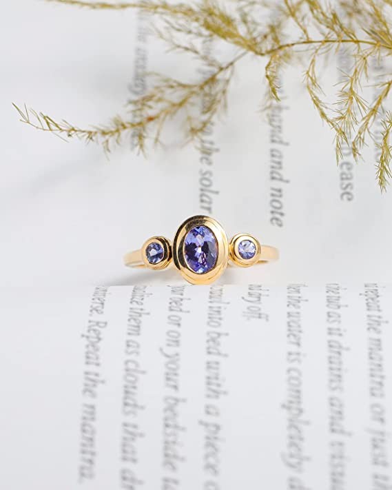 YoTreasure 6.5x4.5 MM Tanzanite Ring in 14K Yellow Gold