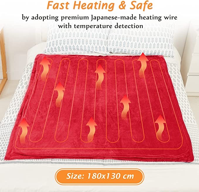 Mia&Coco electric blanket throwing flannel Sherpa fast heating 180x130cm, 10 speed heating level and up to 9 hours automatic off timer and LED display, suitable for home office use, machine washable, 