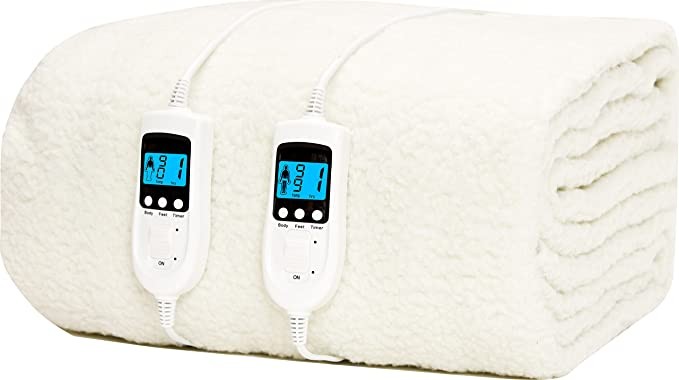 Homefront electric blanket dual control-extra large bed premium wool full bed cover 203x182cm blanket with elastic skirt-advanced overheat protection-single body and foot heating technology-fast heati