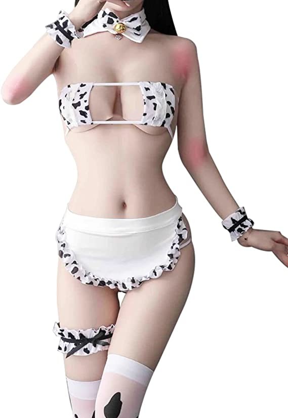Ailookbuy Women Anime Cow Cosplay Bikini Lolita Cute Lingerie Bra And Panty Set With Stockings