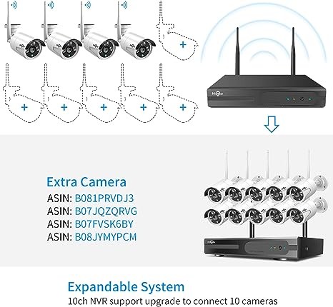 Hiseeu wireless security camera system with 1TB hard disk, one-way audio, 10-channel NVR 4 pieces of 1296p 3MP night vision WiFi security surveillance camera DC power supply outdoors