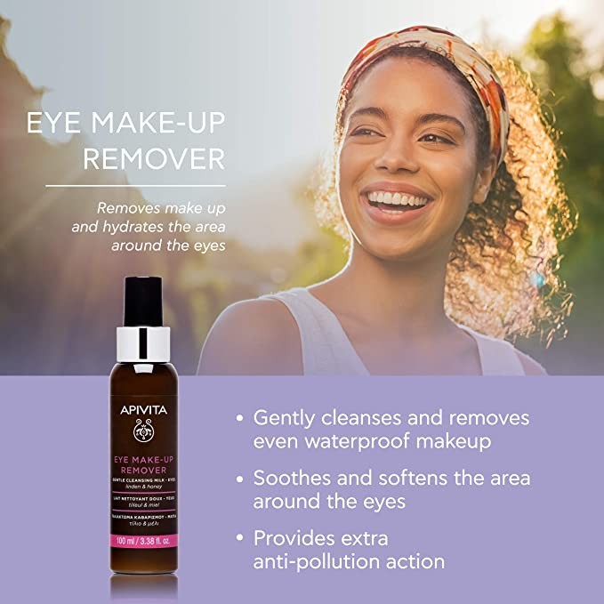 APIVITA Natural Eye Makeup Remover with Honey & Linden 3.38 fl oz | Eye Cleansing Milk for Sensitive Eyes and Contact Wearers