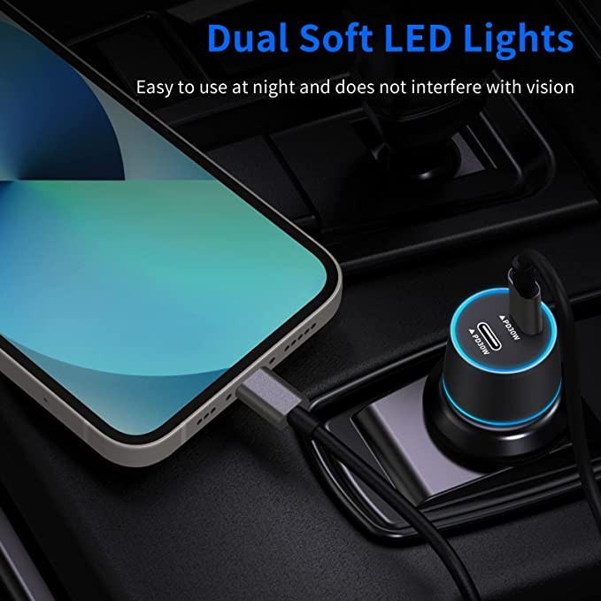 Dual 30W USB C car charger for fast charging, Looptimo 2-piece 60W C-type fast car adapter, PD (PPS) 3.0 port Cargador para Carro compatible with iPhone, Samsung Galaxy, Google Pixel phones