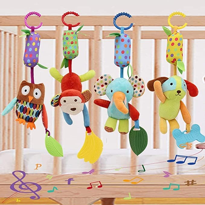 Bivan Baby Toy Soft Hanging Rattle Learning Toys with Gut Plush Animal C-Clip Baby Newborn Stroller Car Seat Crib Travel Activities Wind Chime Hanging Toys Boys Girls, 4 Pack