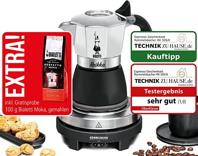 Rommelsbacher espresso gift set RK 505 / K-mini cooking plate, diameter 80 mm, infinitely adjustable, original Bialetti moka pot, 90 ml cream-forming brewing system, incl. 100 g mocha grind, black/sil