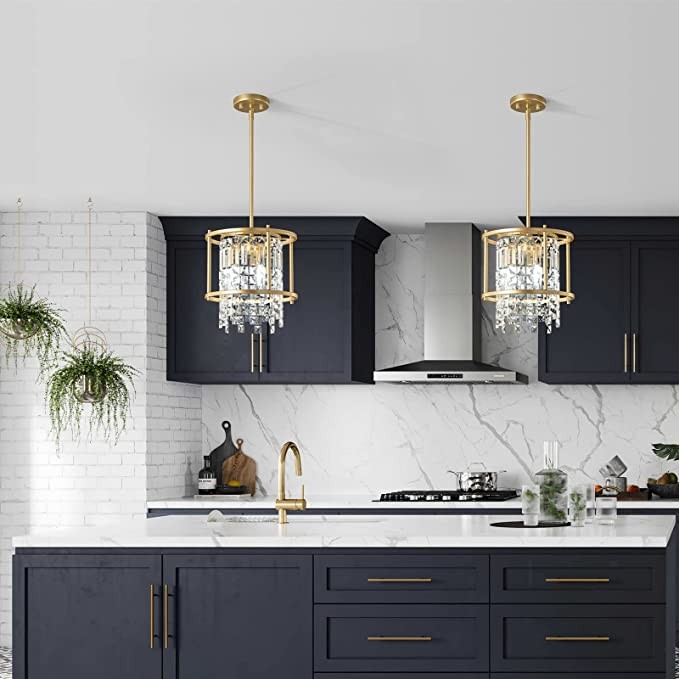 LMQNINE Dining Room Lighting Semi Recessed Ceiling Lighting Lndustrial Farmhouse Chandelier Gold Metal Crystal Chandelier for Hallway Entrance Bedroom Balcony Kitchen Island (3 Lights)