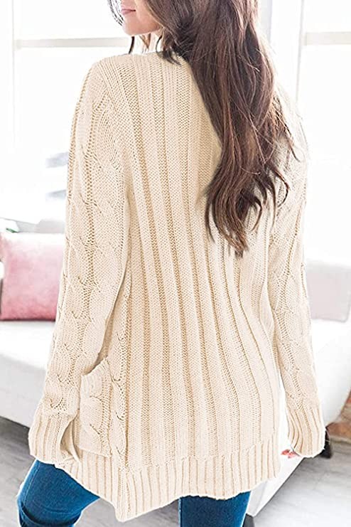 YACUN Women's Cable Knit Cardigan Long Sleeve Button Down Sweater with Pocket Knit, Beige, Small