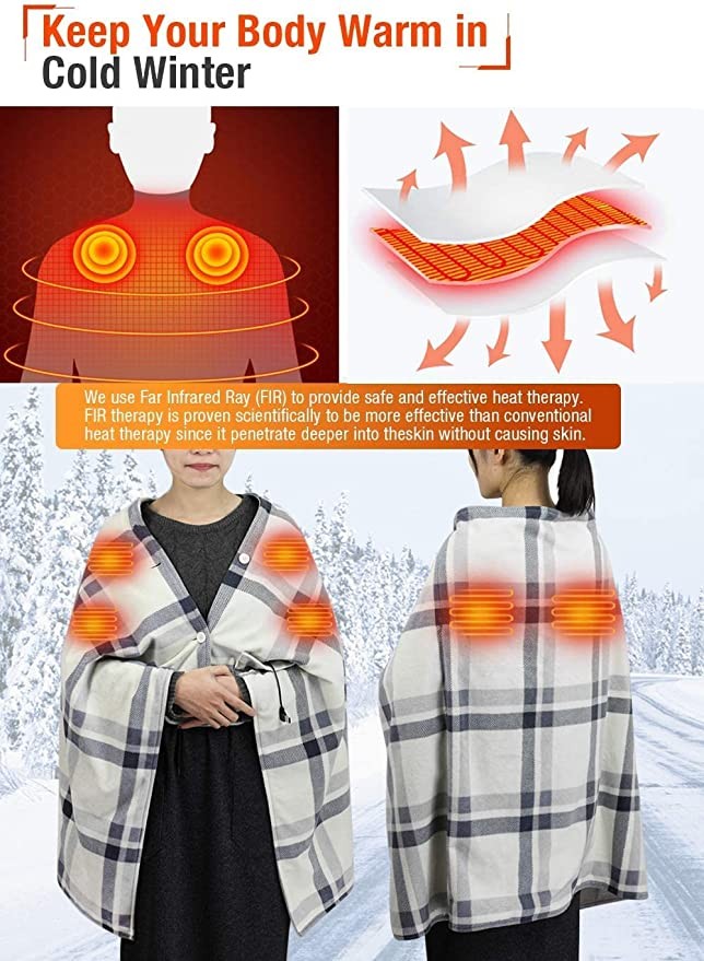 Heated cape blanket, portable wearable 5V USB electric heating cloak, home, office, car, camping, fish, picnic, sports, football, concert, 55x32 inch
