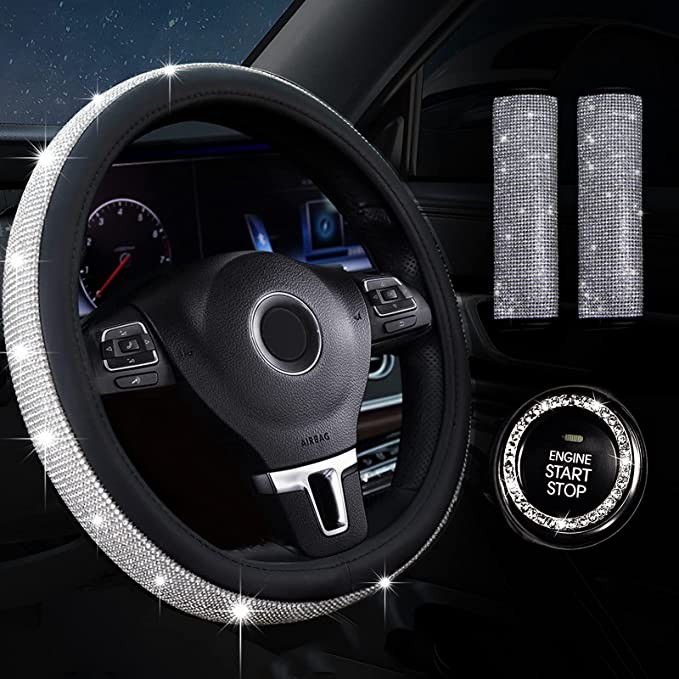 GEISTHOT 4-piece shiny car accessories, suitable for women and girls, car decoration package, rhinestone shiny steering wheel cover universal suitable for 15 inches, shiny car * with cover, shiny star