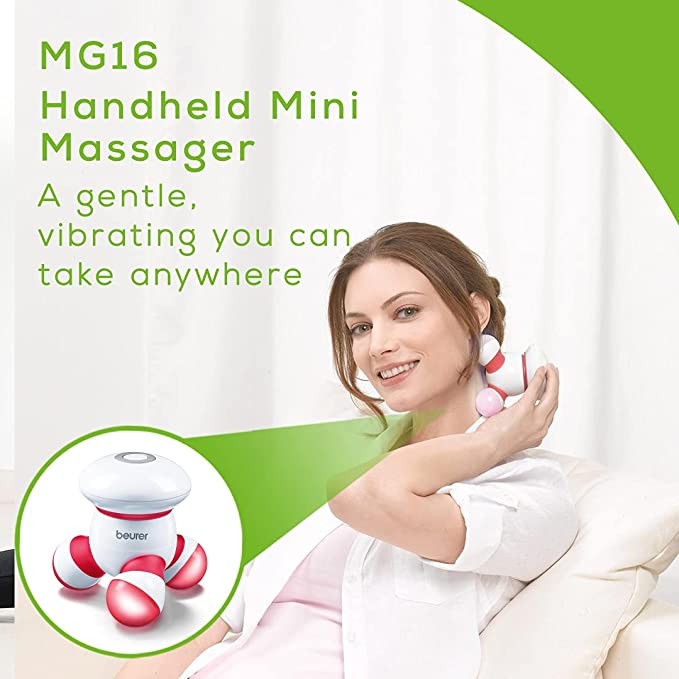 Beurer Handheld Mini Body Massager with LED Light, Soft and Comfortable Vibration, Easy Grip Handle, Portable, Gentle Pressure Point Massage, Massage Tool Easy Palm Fit, Battery Included, MG16