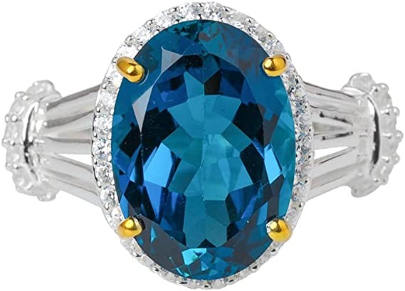 YoTreasure London Blue Topaz and White Zircon Ring in 14K Gold Plated Silver 925