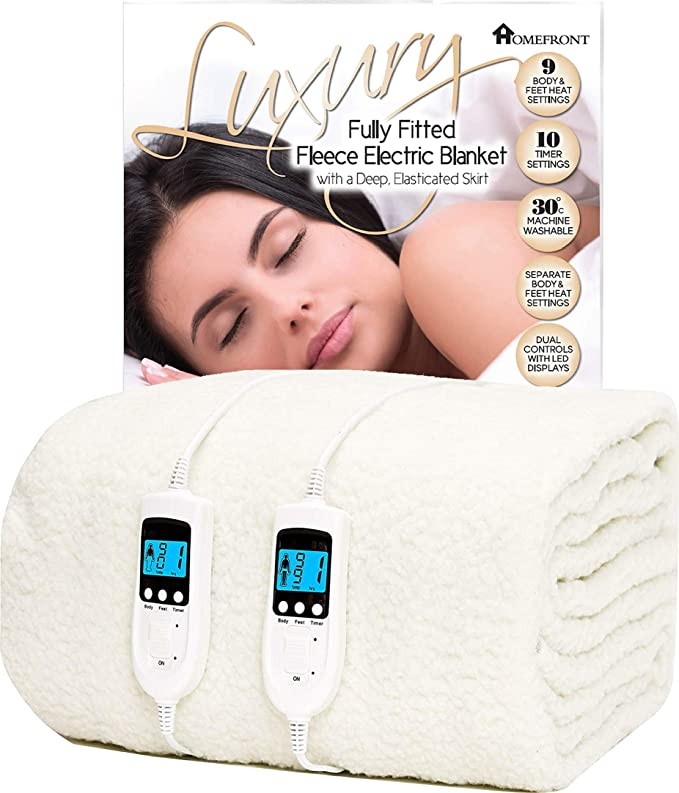 Homefront electric blanket dual control-extra large bed premium wool full bed cover 203x182cm blanket with elastic skirt-advanced overheat protection-single body and foot heating technology-fast heati