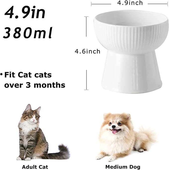 Pet Bowl Ceramic Protection Cervical Spine Cat and Dog Food Pet Bowl Rice Bowl Dog Bowl Anti-Battle Supplies High Feet Dishwasher Safe(White)