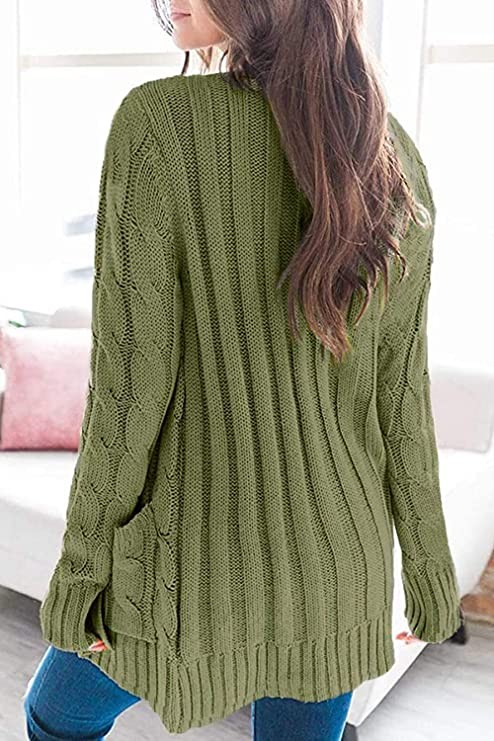 YACUN Women's Cable Knit Cardigan Long Sleeve Button Down Sweater with Pocket Knit, Armygreen, Small