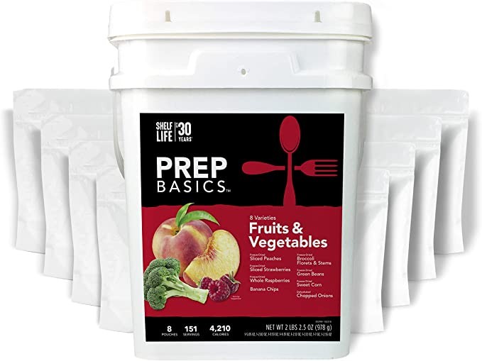 Prep Basics Fruit & Vegetable Assortment | Emergency Food Supplies | Freeze Dried & Dehydrated | Total Calories 4,210g Protein | Up to 30 Years Shelf Life | 8 Ziploc Bags
