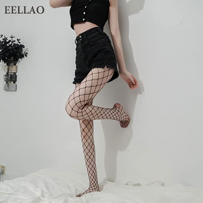 EELLAO 6 Pairs of Black Large Mesh Pantyhose,Compression Socks,Women's Pantyhose,Fashion Fishnet Pantyhose,Monochrome,One Size