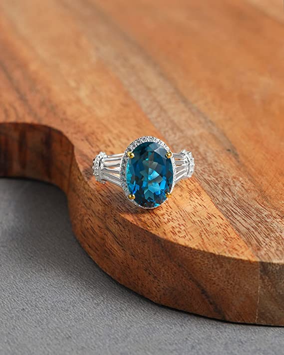 YoTreasure London Blue Topaz and White Zircon Ring in 14K Gold Plated Silver 925