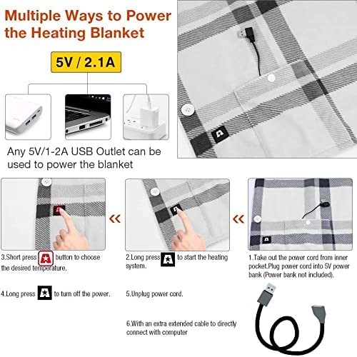 Heated cape blanket, portable wearable 5V USB electric heating cloak, home, office, car, camping, fish, picnic, sports, football, concert, 55x32 inch