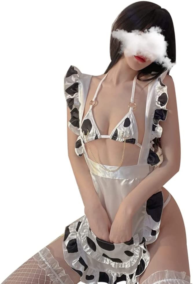 Women Sexy Maid Cosplay Lingerie Furry Milk Cow Costume Kawaii Anime Bikini Set Mini Leopard Bra and Panty Set