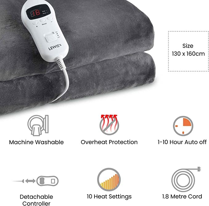 LEWIS'S Deluxe Electric heating Wool blanket-Electric heating blanket heating blanket Black heating cover blanket (charcoal black) 130cm x 160cm)