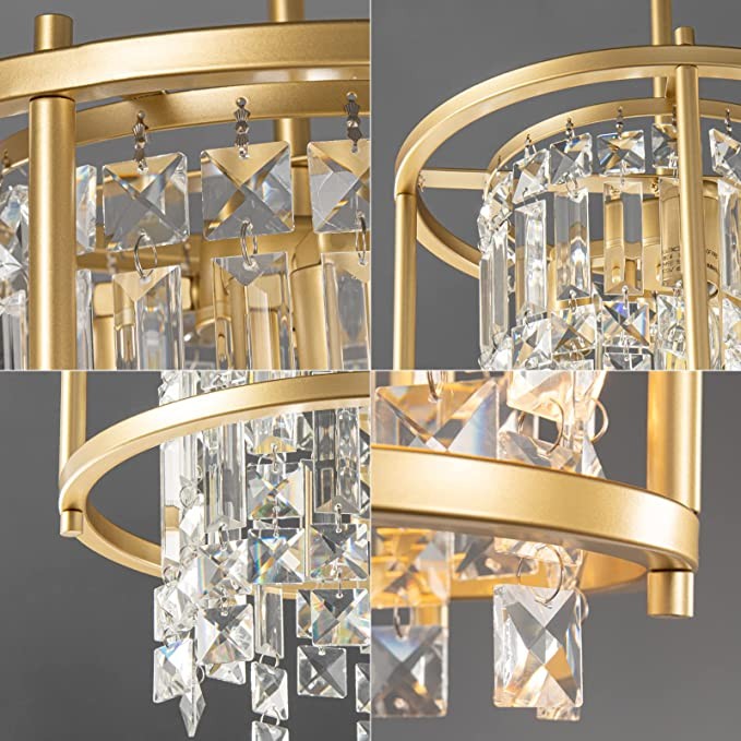 LMQNINE Dining Room Lighting Semi Recessed Ceiling Lighting Lndustrial Farmhouse Chandelier Gold Metal Crystal Chandelier for Hallway Entrance Bedroom Balcony Kitchen Island (3 Lights)