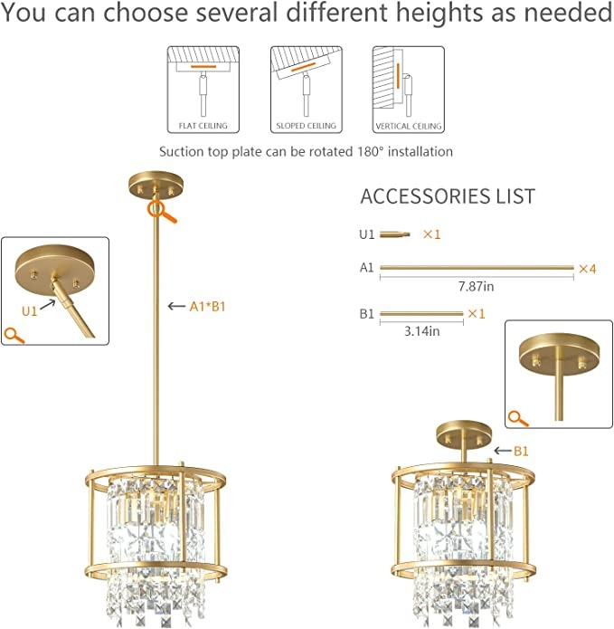 LMQNINE Dining Room Lighting Semi Recessed Ceiling Lighting Lndustrial Farmhouse Chandelier Gold Metal Crystal Chandelier for Hallway Entrance Bedroom Balcony Kitchen Island (3 Lights)