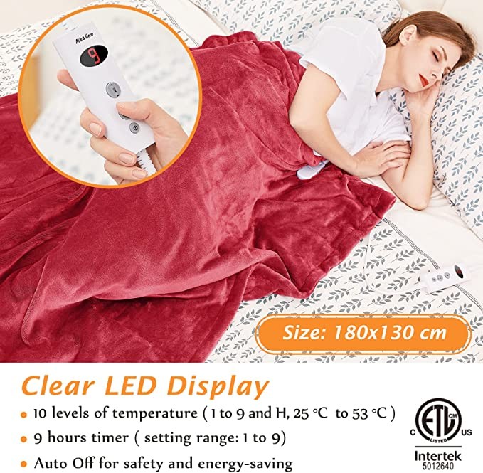 Mia&Coco electric blanket throwing flannel Sherpa fast heating 180x130cm, 10 speed heating level and up to 9 hours automatic off timer and LED display, suitable for home office use, machine washable, 