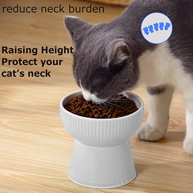 Pet Bowl Ceramic Protection Cervical Spine Cat and Dog Food Pet Bowl Rice Bowl Dog Bowl Anti-Battle Supplies High Feet Dishwasher Safe(White)