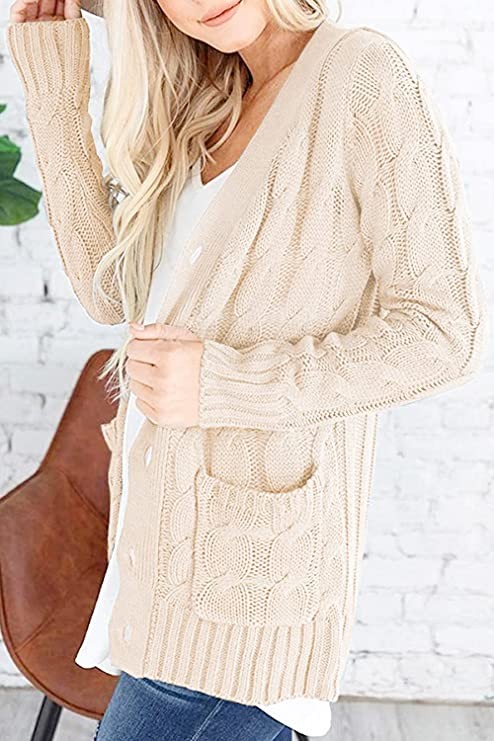 YACUN Women's Cable Knit Cardigan Long Sleeve Button Down Sweater with Pocket Knit, Beige, Small