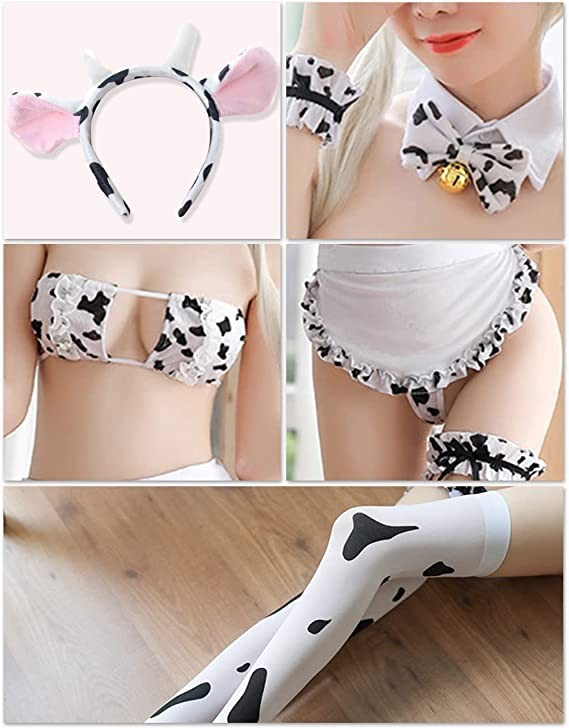 Ailookbuy Women Anime Cow Cosplay Bikini Lolita Cute Lingerie Bra And Panty Set With Stockings