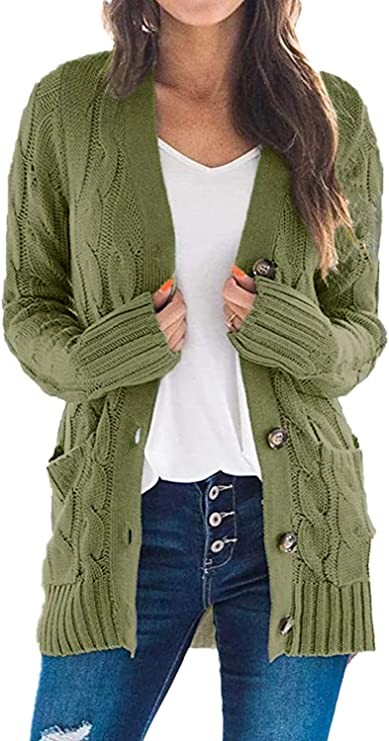 YACUN Women's Cable Knit Cardigan Long Sleeve Button Down Sweater with Pocket Knit, Armygreen, Small