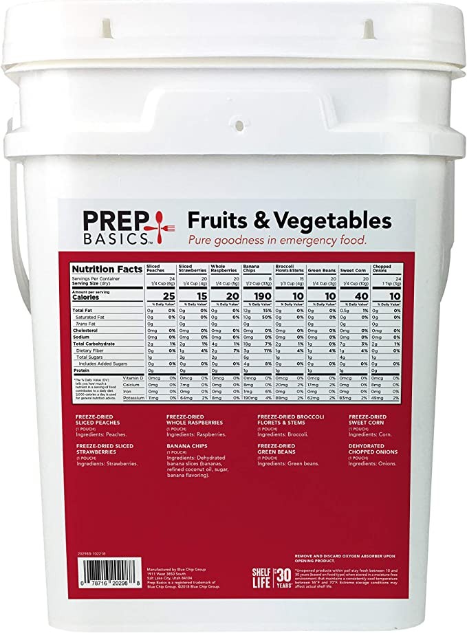 Prep Basics Fruit & Vegetable Assortment | Emergency Food Supplies | Freeze Dried & Dehydrated | Total Calories 4,210g Protein | Up to 30 Years Shelf Life | 8 Ziploc Bags