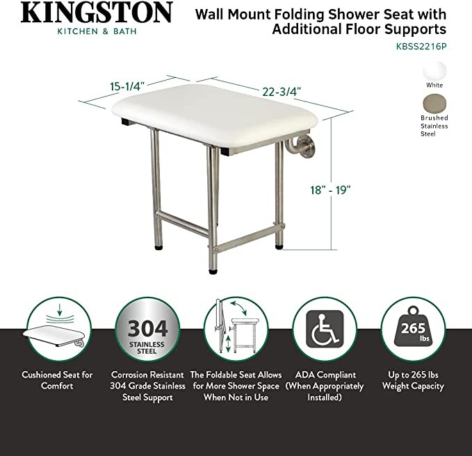 Kingston Brass KBSS2216P Adascape 55.88cm x 40.64cm Pathology Wall Mounted Folding Shower Seat w/Extra Floor Support Brushed Stainless Steel