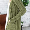 YACUN Women's Cable Knit Cardigan Long Sleeve Button Down Sweater with Pocket Knit, Armygreen, Small