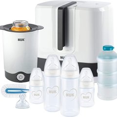 Move the mouse over the image to enlarge the image NUK First Choice+ Full Feeding Set | Vario Express Conditioner, 4 Baby Bottles, 1 Baby Bottle Nipple, Bottle Warmers & More | Heart Shaped