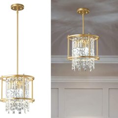 LMQNINE Dining Room Lighting Semi Recessed Ceiling Lighting Lndustrial Farmhouse Chandelier Gold Metal Crystal Chandelier for Hallway Entrance Bedroom Balcony Kitchen Island (3 Lights)