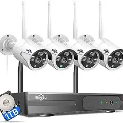 Hiseeu wireless security camera system with 1TB hard disk, one-way audio, 10-channel NVR 4 pieces of 1296p 3MP night vision WiFi security surveillance camera DC power supply outdoors